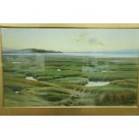 George Crozier, Sheep grazing on the edge of an estuary, Watercolour, Signed, 16 x 26 ins.
