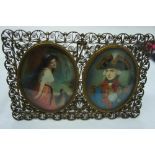 Portrait miniatures of Nelson and Lady Hamilton in a filigree gilt metal frame