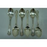 Set of six Victorian ornate silver dessert spoons, London 1854. Maker George Adams 12ozt.