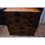 Japanese hardwood Tansu two sections with five drawers and small cupboard having metal mounts,