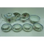 Late 18thC Newhall teaware pattern no. 593 consisting of teapot, sugar, milk jug, tea bowls and