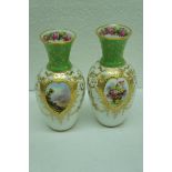 Pair of Spode Copeland China vases decorated with heart shaped panels of floral and landscape scenes