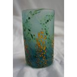 Peter Layton, satin glass cylindrical vase with speckled yellow and green decoration height 4 ins.