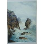 Adolf C Meyer, Rough seas breaking against a rocky coastline, Watercolour, Signed, 27 x 19 ins.