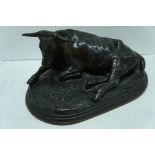 Rosa Bouheur (1822 - 1899, French). Bull lying on the ground, brown patinated bronze. Length 11