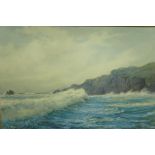 Adolf C Meyer, Wave approaching the rocky coastline, Watercolour, Signed, 20 x 30 ins.