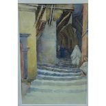 Adolf C Meyer, Figures and the bottom of the steps- North African town, Watercolour, 15 x10 ins.
