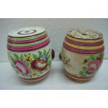 Two early 19thC Bristol hand painted pottery Brandy Barrels, with floral decoration. tallest 5 ins.