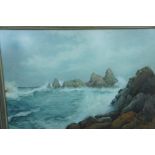 Adolf C Meyer, Waves battering rocky coast, Watercolour, Signed, 22 x 32 ins.