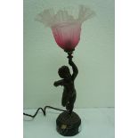 Bronze cherub lamp an a black figured marble base with fluted cranberry and clear glass shade. Ht.