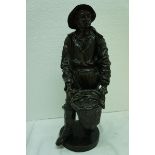 Good 19thC French School brown patinated bronze of a fisherman holding a basket of fish. Ht 18 ins.