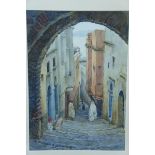 Adolf C Meyer, Steps to the archway in a North African Town, Watercolour, 4.5 x 10.5 ins.