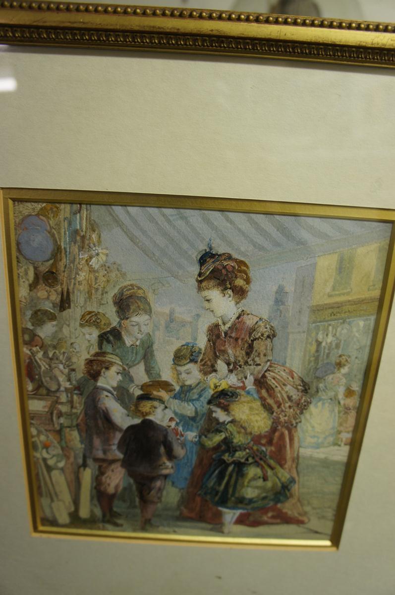 Late 19thC English School, The toy stall, Watercolour, 9.5 x 9 ins.