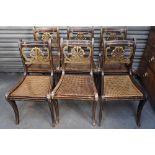 Set of six painted Regency bar-back dining chairs with scroll decoration to backs, cane seats and