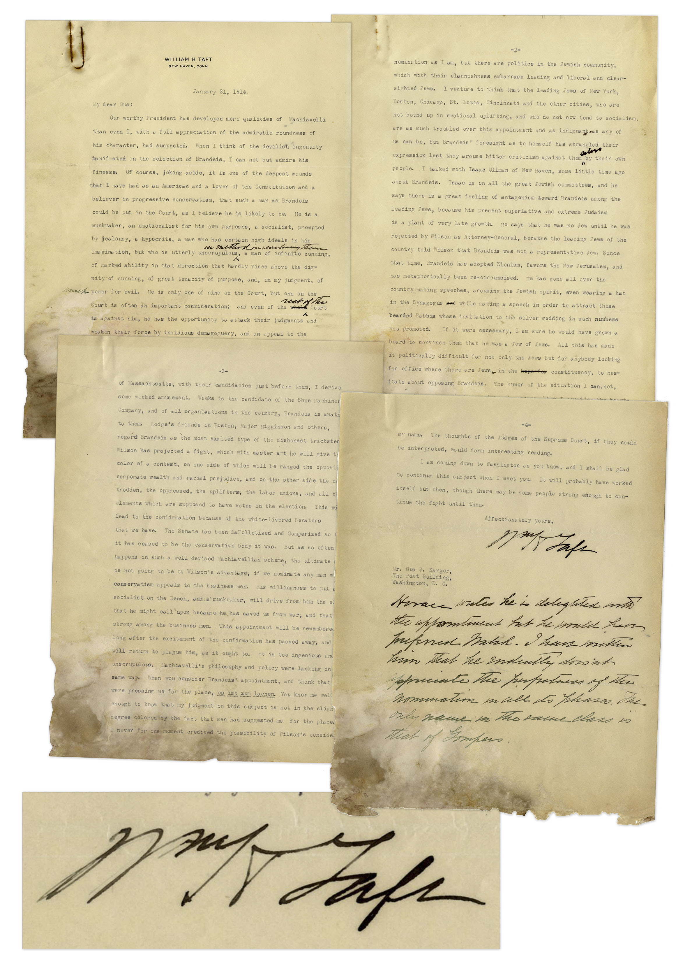 Exceptional William Howard Taft typed letter signed with his hand-edits and an additional