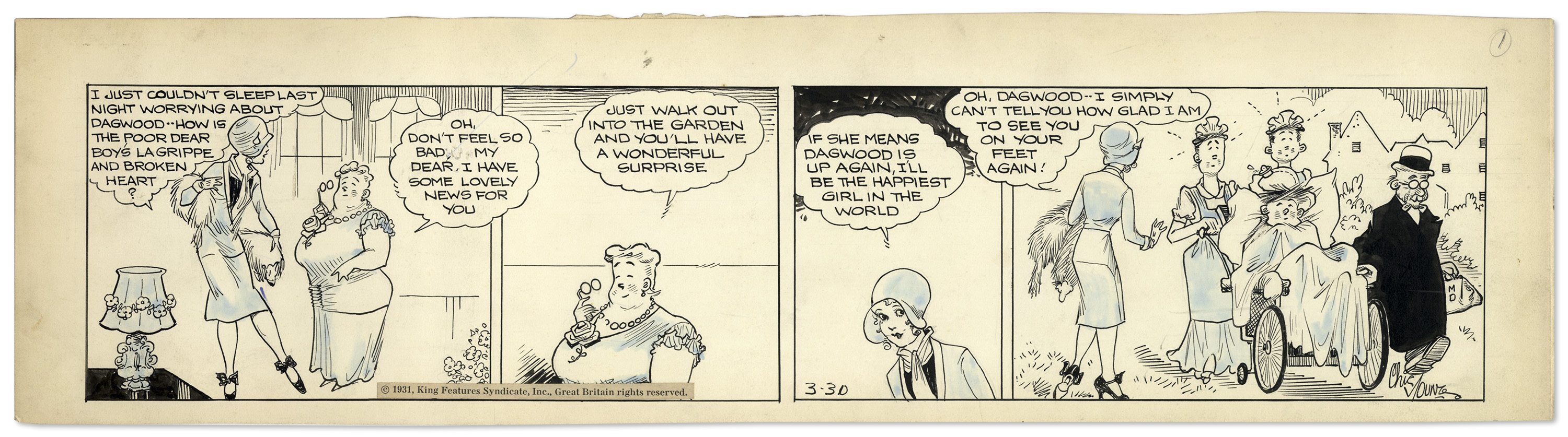 ''Blondie'' comic strip hand-drawn and signed by Chic Young from 30 March 1931, featuring Blondie,