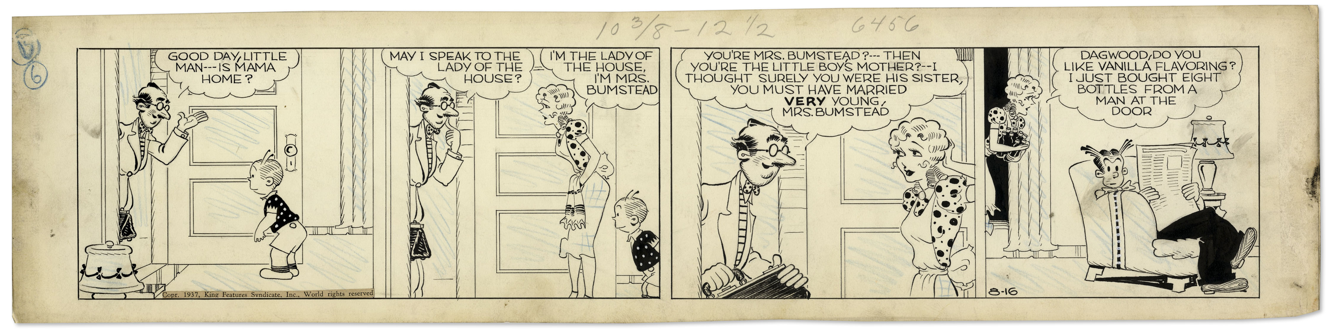 ''Blondie'' comic strip hand-drawn and signed by Chic Young from 16 August 1937, featuring Dagwood