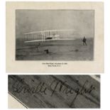 Photo postcard signed ''Orville Wright'' at lower left, showing the iconic image of the first flight