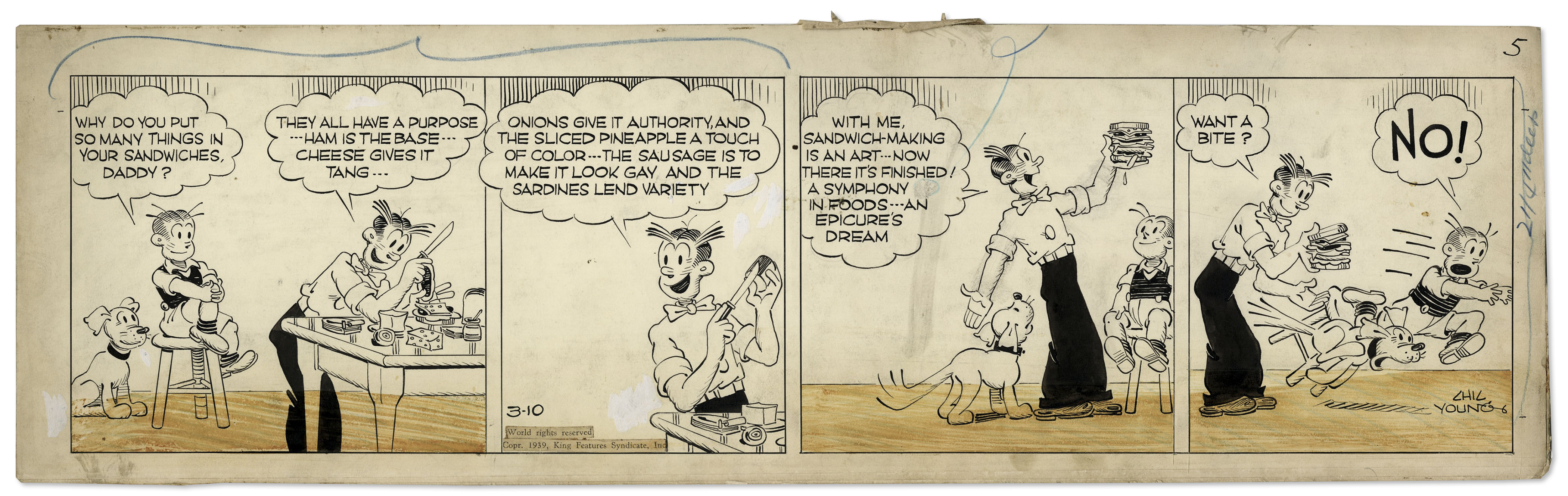 ''Blondie'' comic strip hand-drawn and signed by Chic Young from 10 March 1939, featuring Dagwood