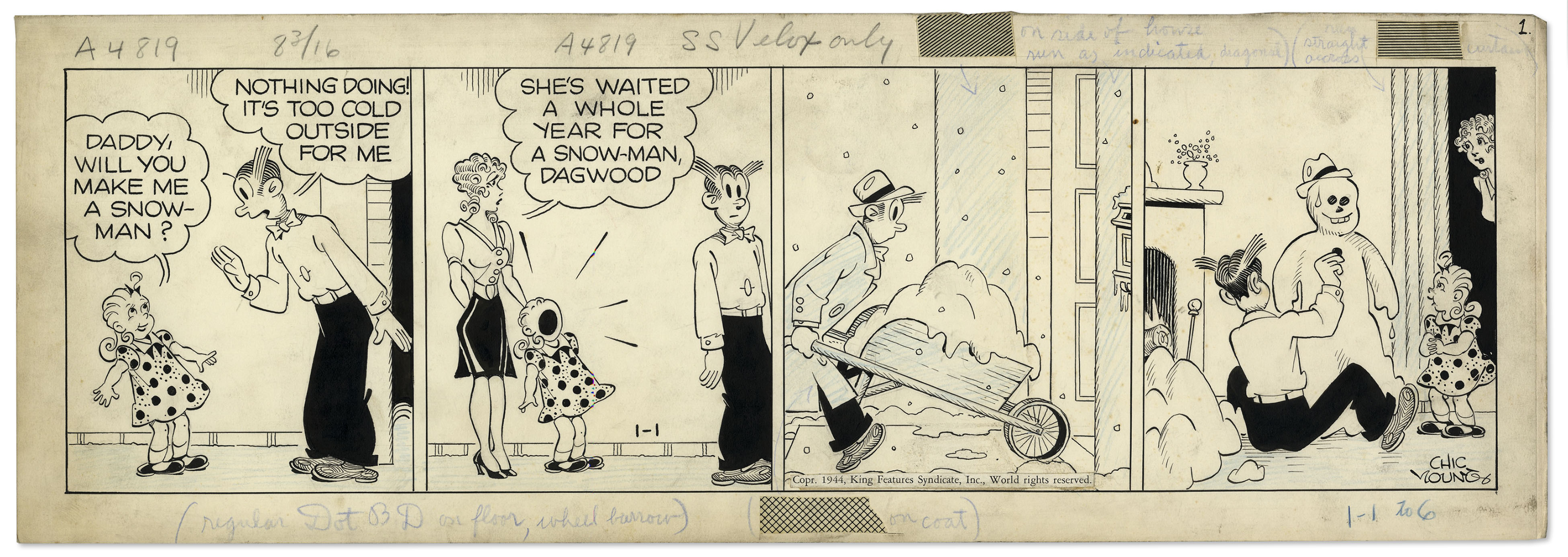 ''Blondie'' comic strip hand-drawn and signed by Chic Young from 1 January 1944, featuring