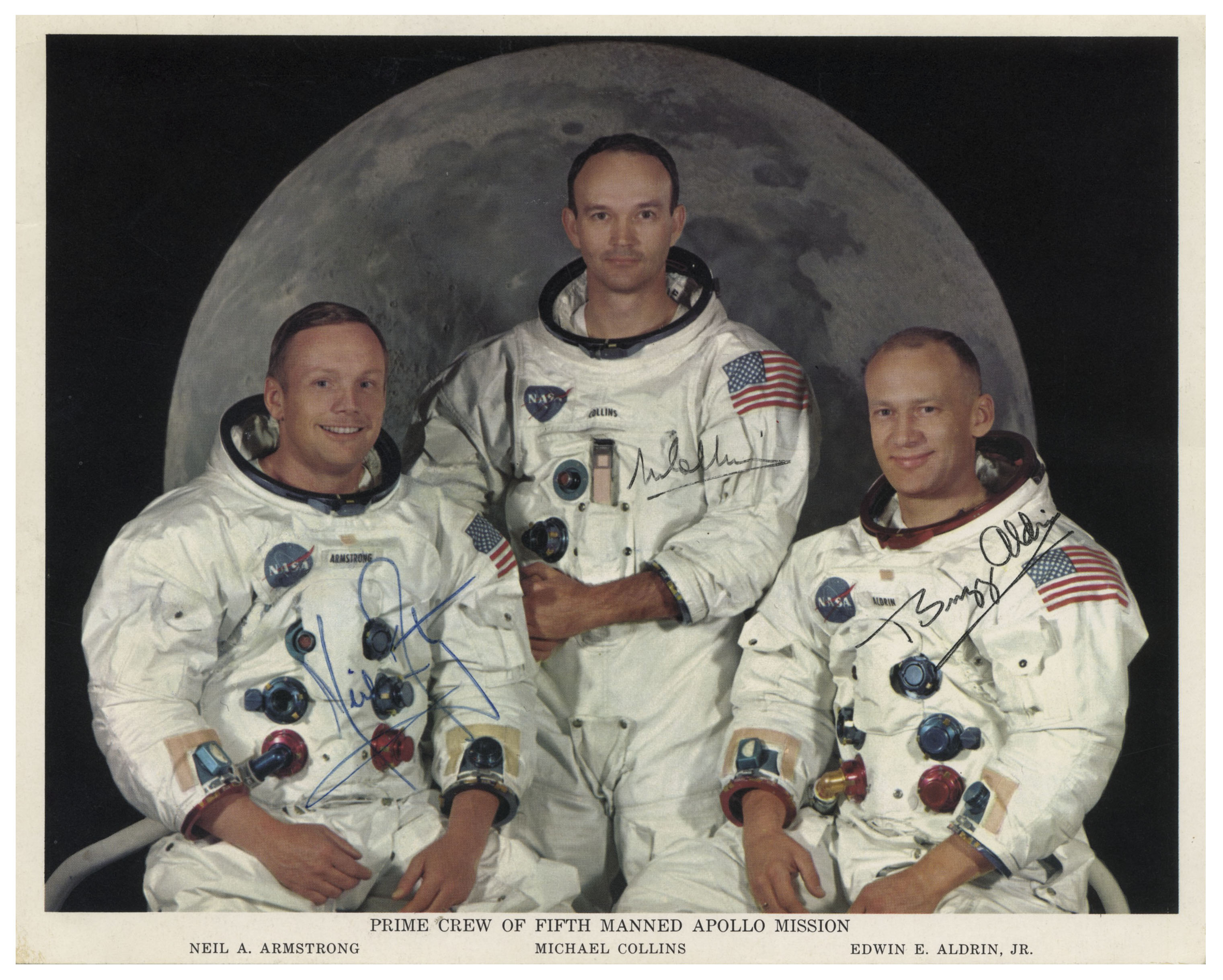 Apollo 11 crew-signed NASA photo. Astronauts Neil Armstrong, Michael Collins and Buzz Aldrin each