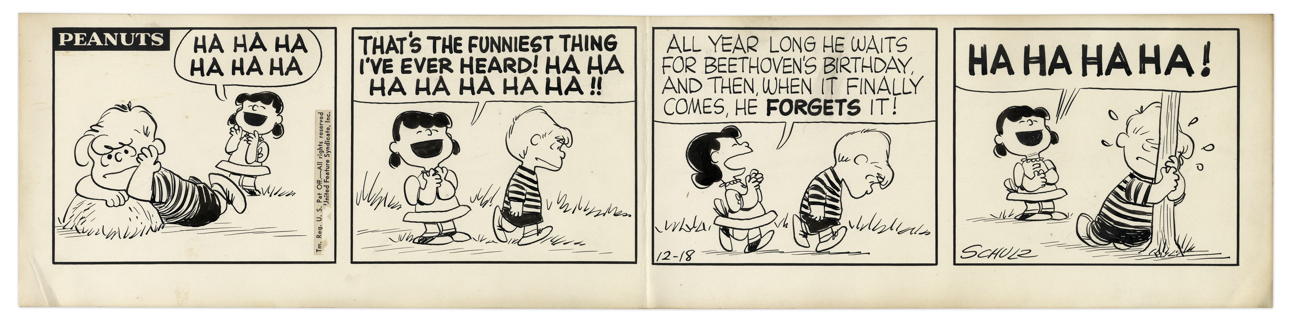 Charles Schulz hand-drawn ''Peanuts'' comic strip, published on 18 December 1957. In this early