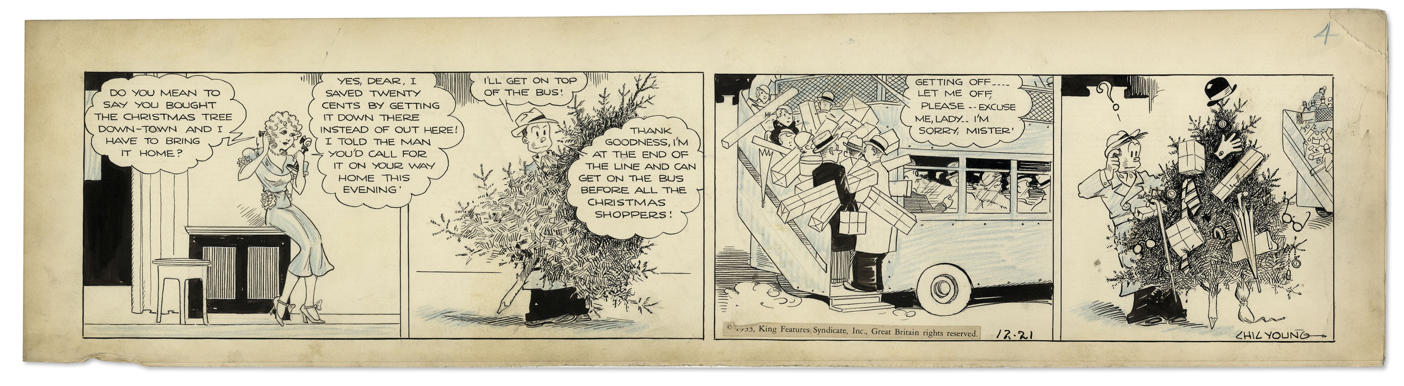 ''Blondie'' comic strip hand-drawn and signed by Chic Young from 21 December 1933, featuring Blondie