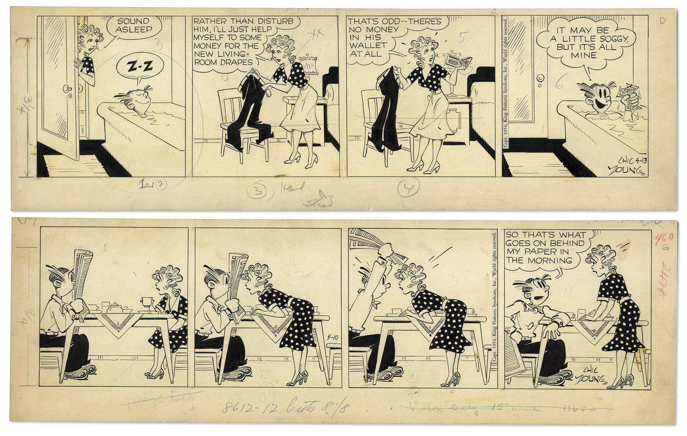 ''Blondie'' comic strips hand-drawn and signed by Chic Young from 13 April 1954 and 10 May 1954.