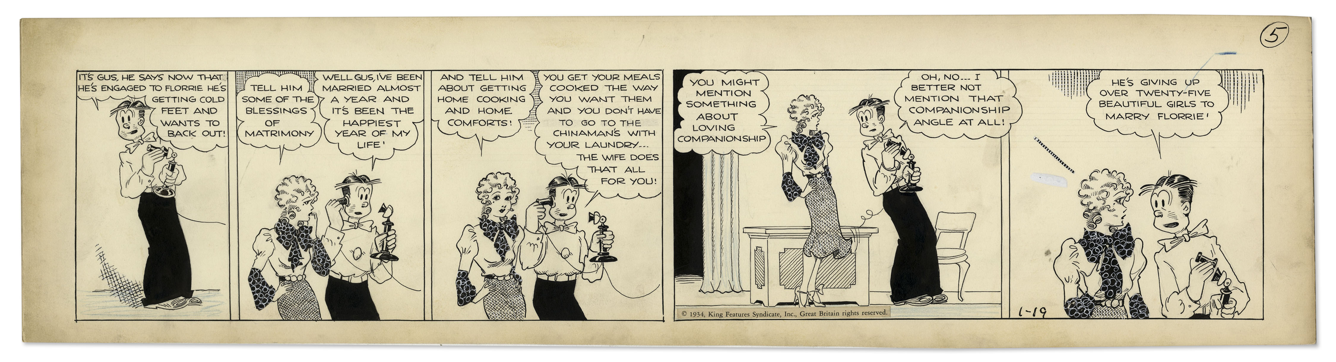 ''Blondie'' comic strip hand-drawn and signed by Chic Young from 19 January 1934, featuring