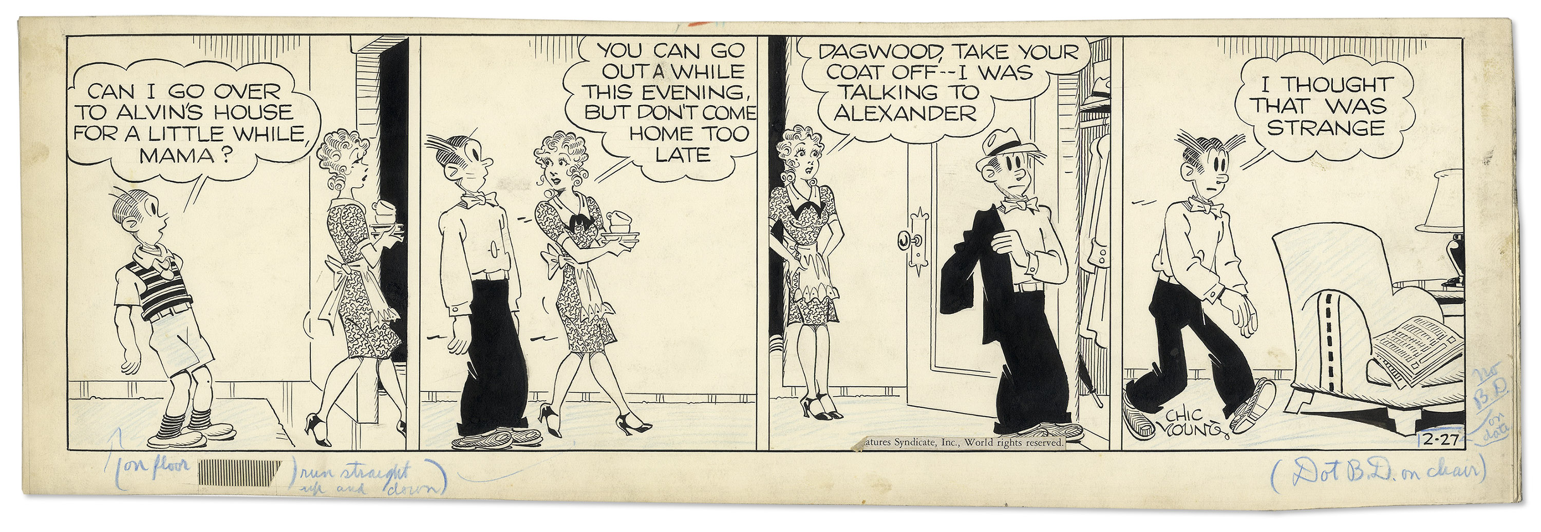 ''Blondie'' comic strip hand-drawn and signed by Chic Young from 27 February 1945, featuring