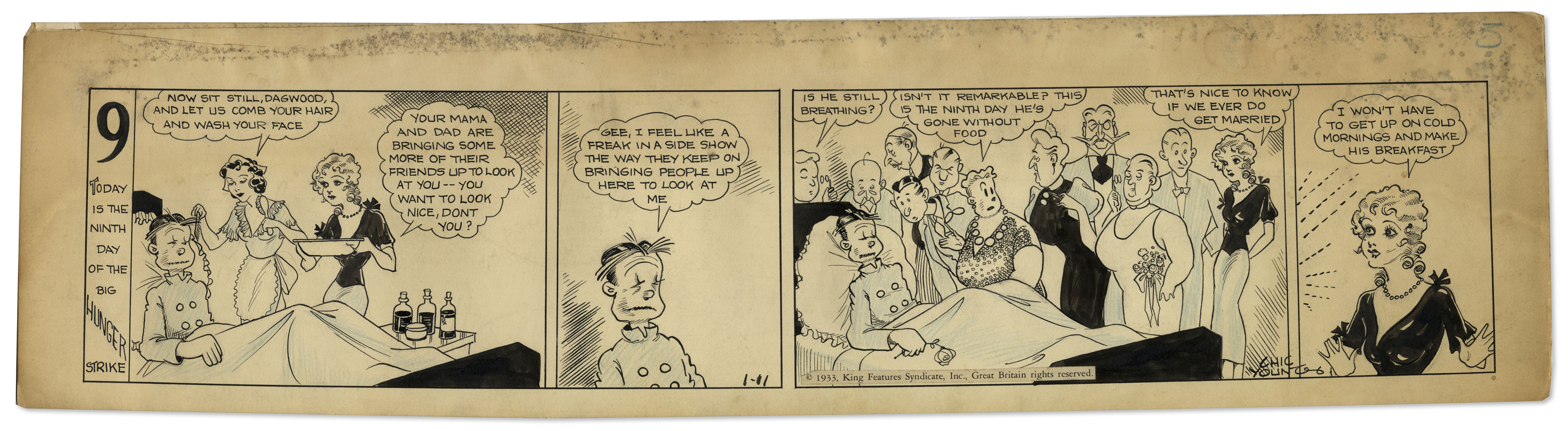 ''Blondie'' comic strip hand-drawn and signed by Chic Young from 11 January 1933, featuring