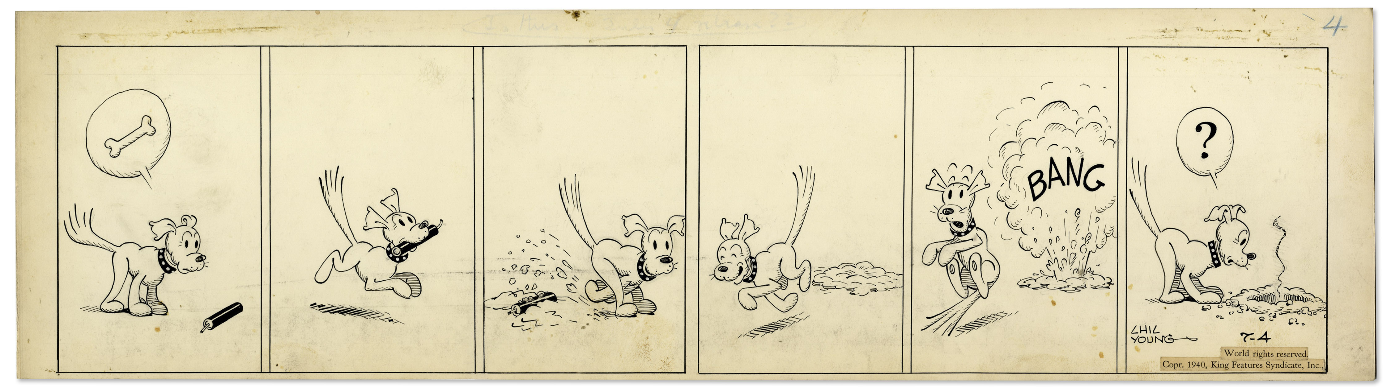 ''Blondie'' comic strip hand-drawn and signed by Chic Young from 4 July 1940, featuring Daisy, the