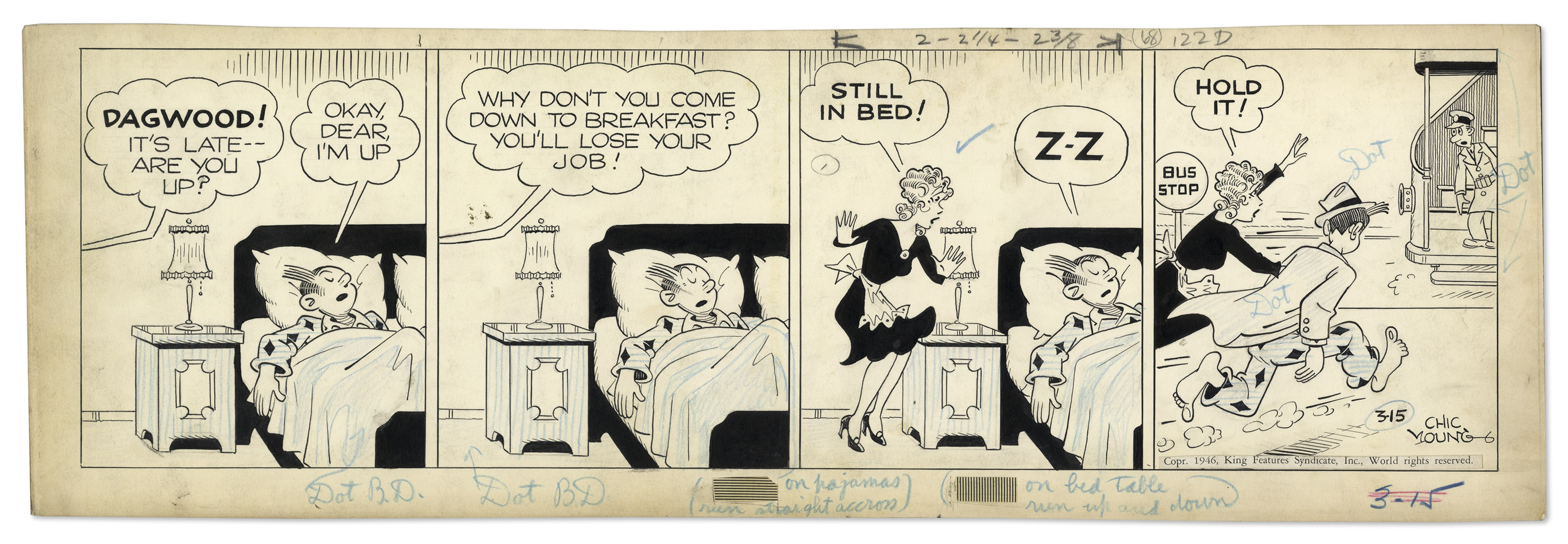 ''Blondie'' comic strip hand-drawn and signed by Chic Young from 15 March 1946, featuring Blondie