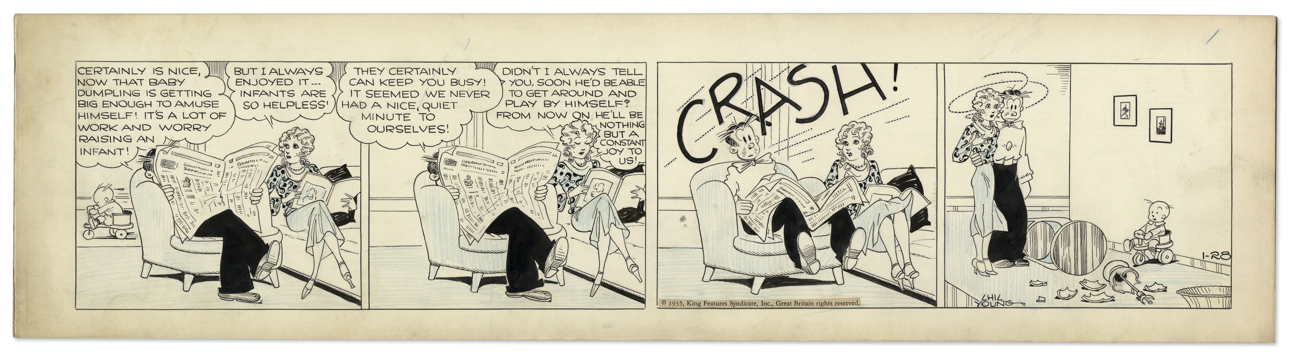 ''Blondie'' comic strip hand-drawn and signed by Chic Young from 28 January 1935, featuring Blondie,