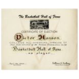 Vic Hanson Hall of Fame Certificate