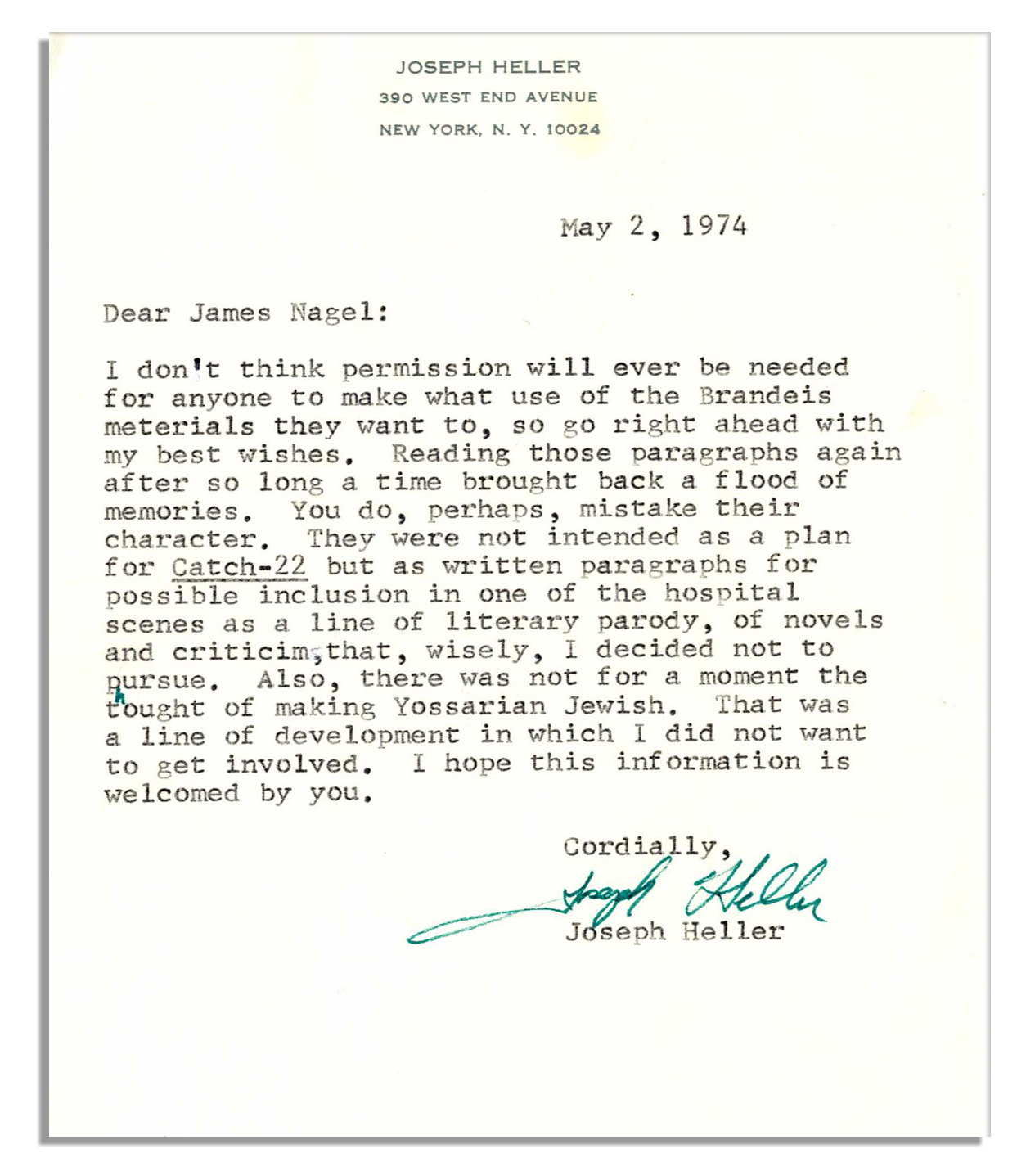 Joseph Heller Letter Signed