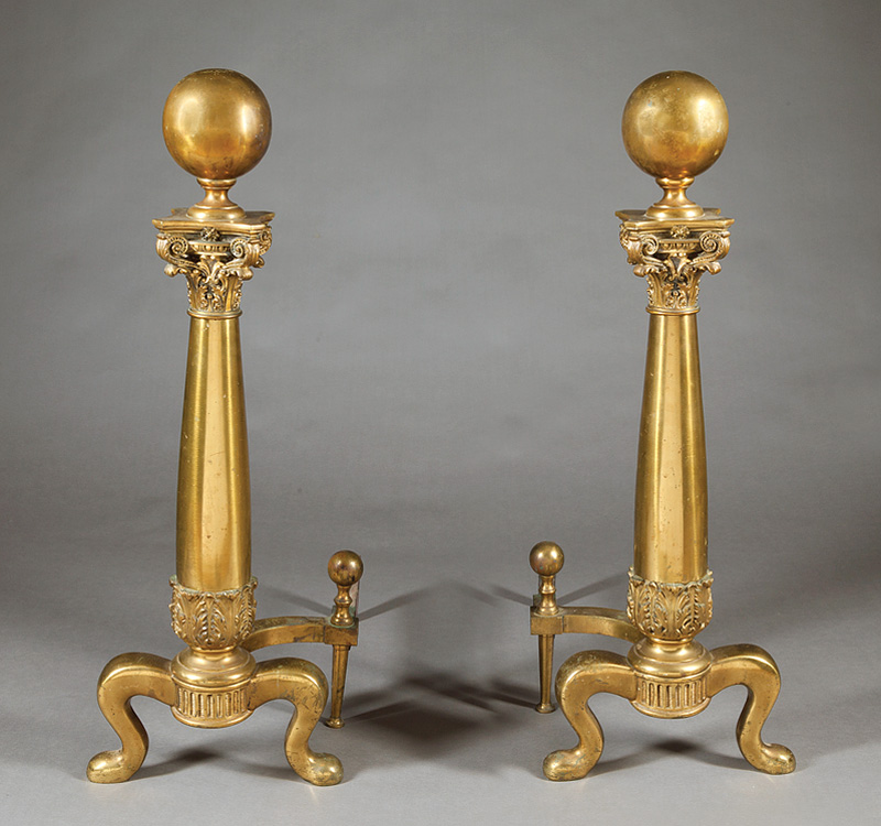 American Beaux Arts Gilt Bronze, Brass Andirons