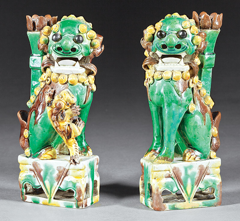 Chinese Biscuit Glazed Porcelain Buddhist Lions