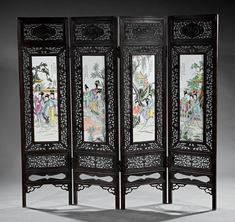 Chinese Famille Rose Porcelain-Inset Screen