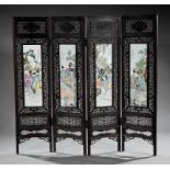 Chinese Famille Rose Porcelain-Inset Screen