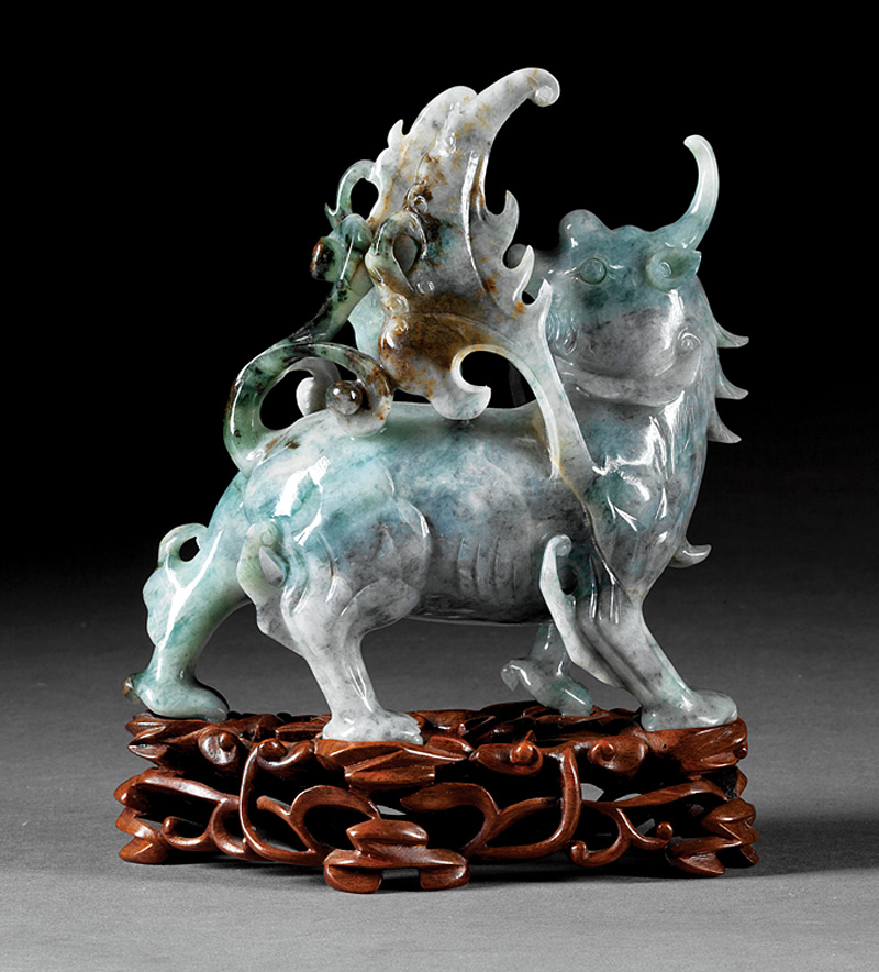 Chinese Green, White & Russet Jadeite of a Qilin - Image 2 of 5