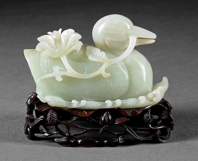 Chinese Pale Celadon & Russet Jade of a Duck