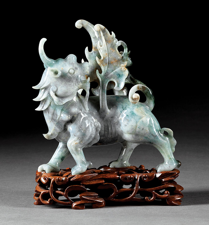 Chinese Green, White & Russet Jadeite of a Qilin