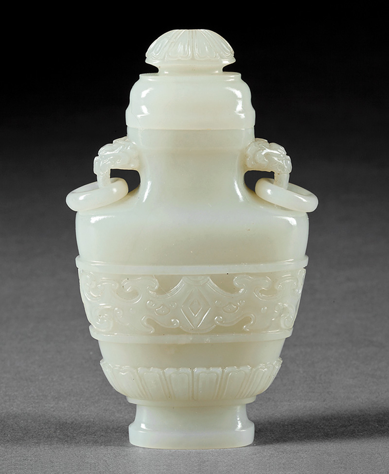 Chinese Grayish-White Jade Covered Urn