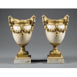 Pair of French Gilt Bronze Mounted Marble Urns