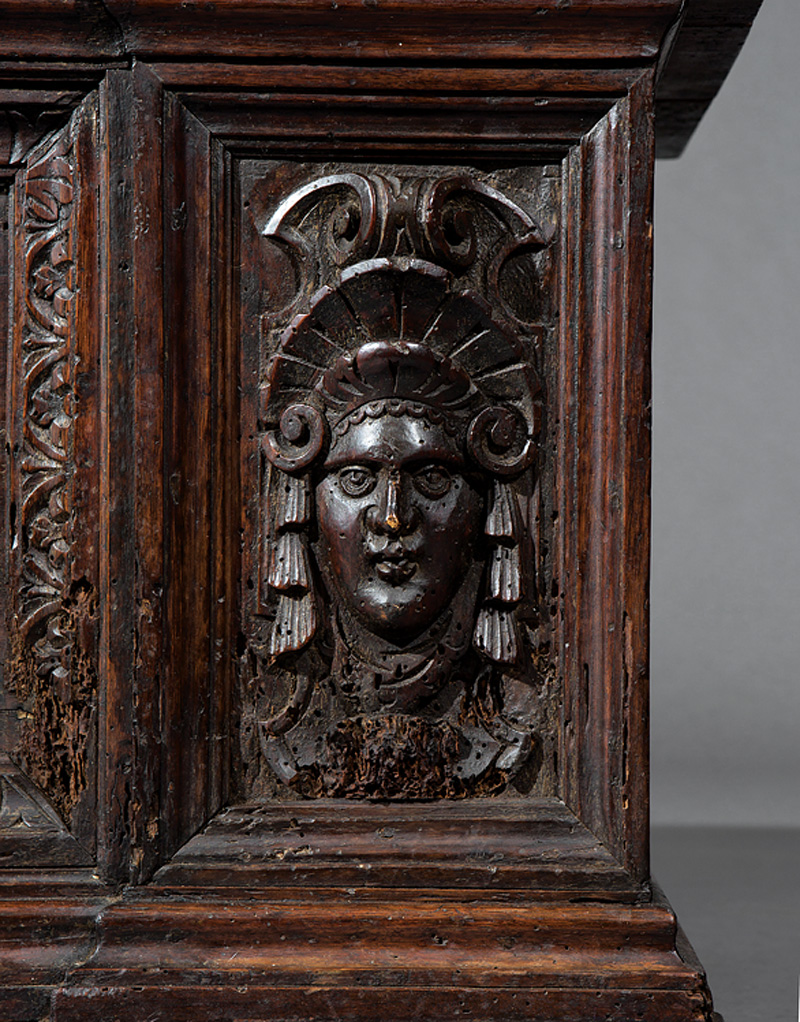 Italian Renaissance Carved Walnut Cassone, 17th c., molded lift top, panels, molded base, blocked - Image 4 of 5