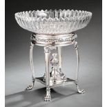 Antique Sheffield Plate Centerpiece, 19th c., diamond cut crystal center bowl, stand with