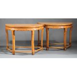 Pair of Chinese Demilune Console Tables, molded top, shaped frieze, legs connected by stretcher,