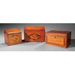 Three George III Inlaid Satinwood Tea Caddies, late 18th/early 19th c., two with domed lids