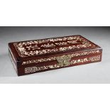 Antique Chinese Ivory Inlaid Hardwood Box, probably 19th c., hinged cover inlaid with characters and